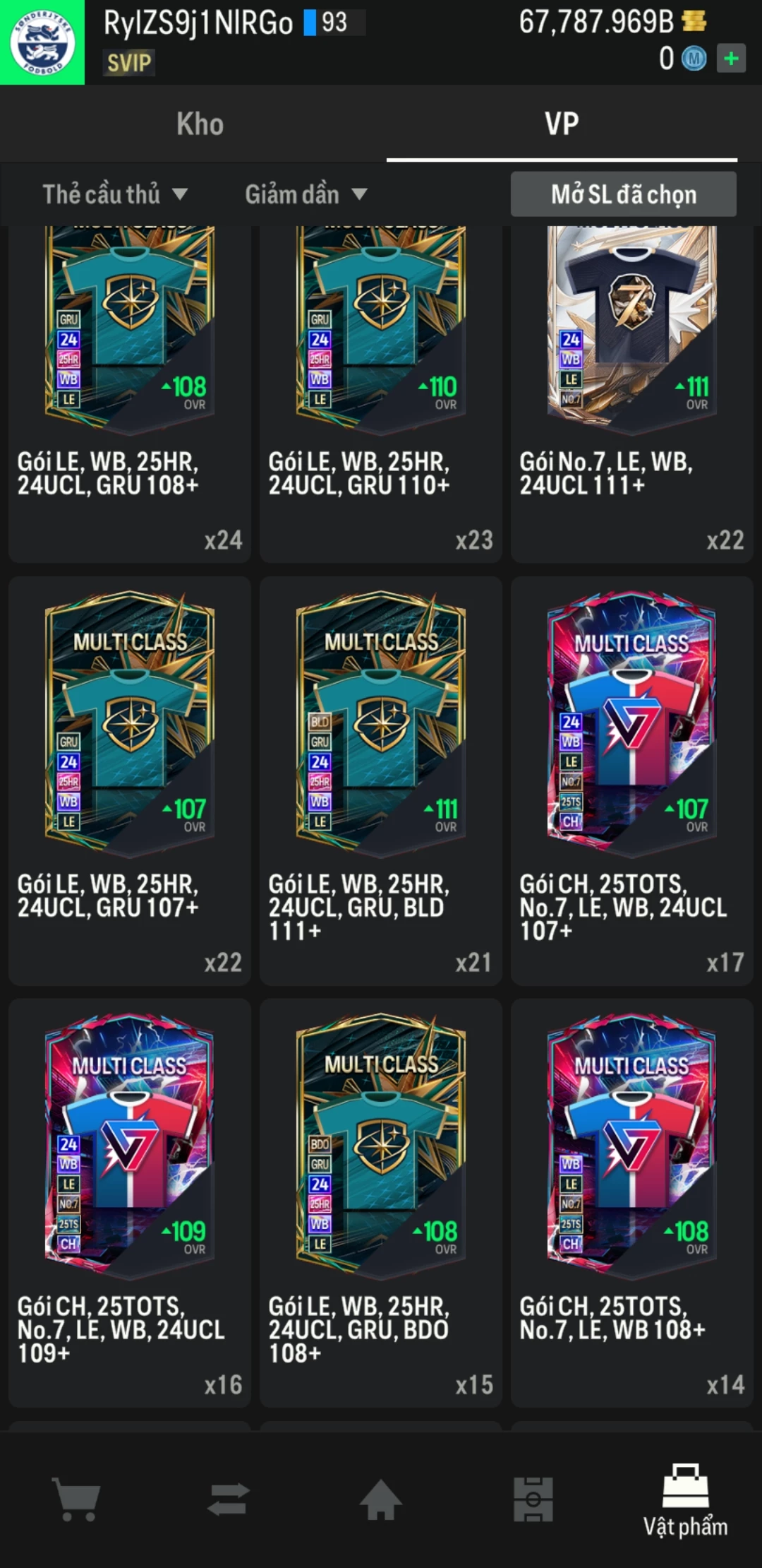 Ảnh ACC mở thẻ (LOẠI SVIP PROMAX) bao gồm 1 gói thẻ +12, thẻ PRIME và 1000+ thẻ cầu thủ từ Siêu sao đến Miền núi các loại. Có sẵn BP trắng trong acc từ 57.000 tỷ BP đến 67.000 tỷ BP, kèm theo nhiều ngày SVIP